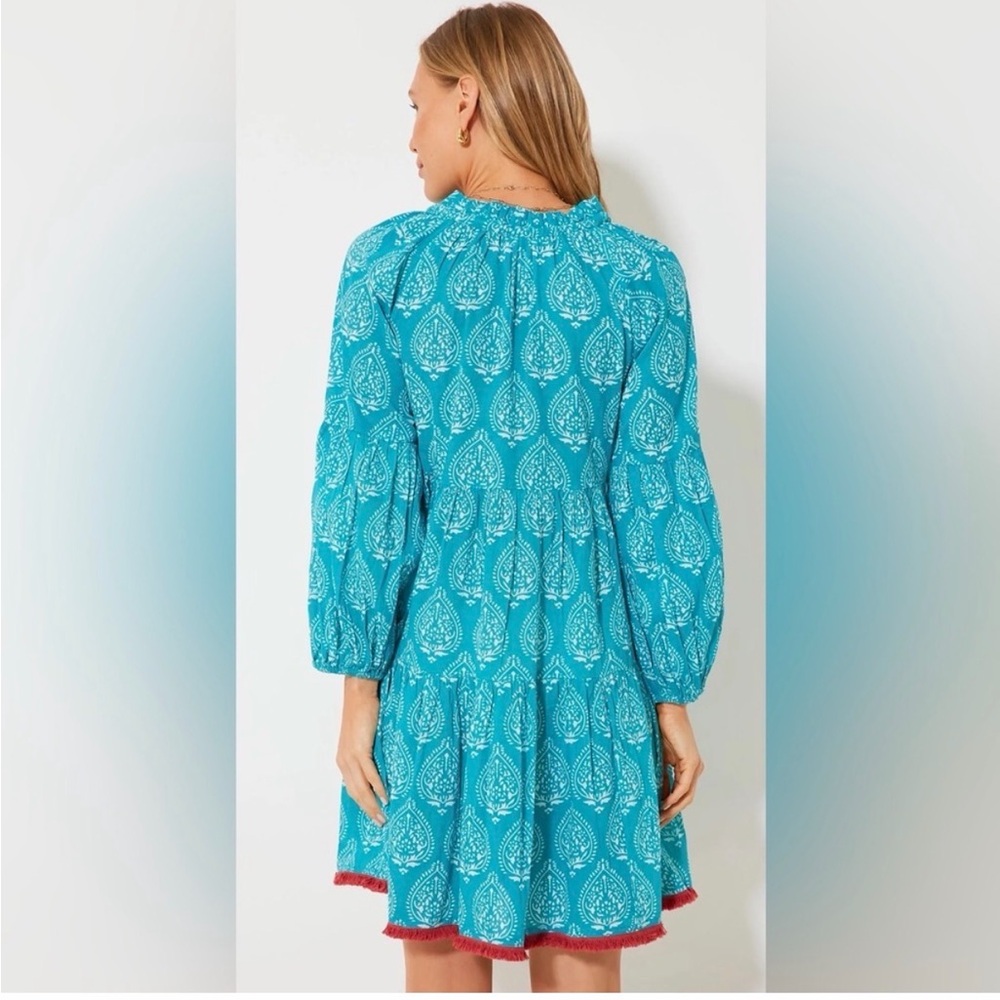 Tuckernuck Tropical Teal Lantern Block Print Tie Neck Dress - Picture 3 of 7